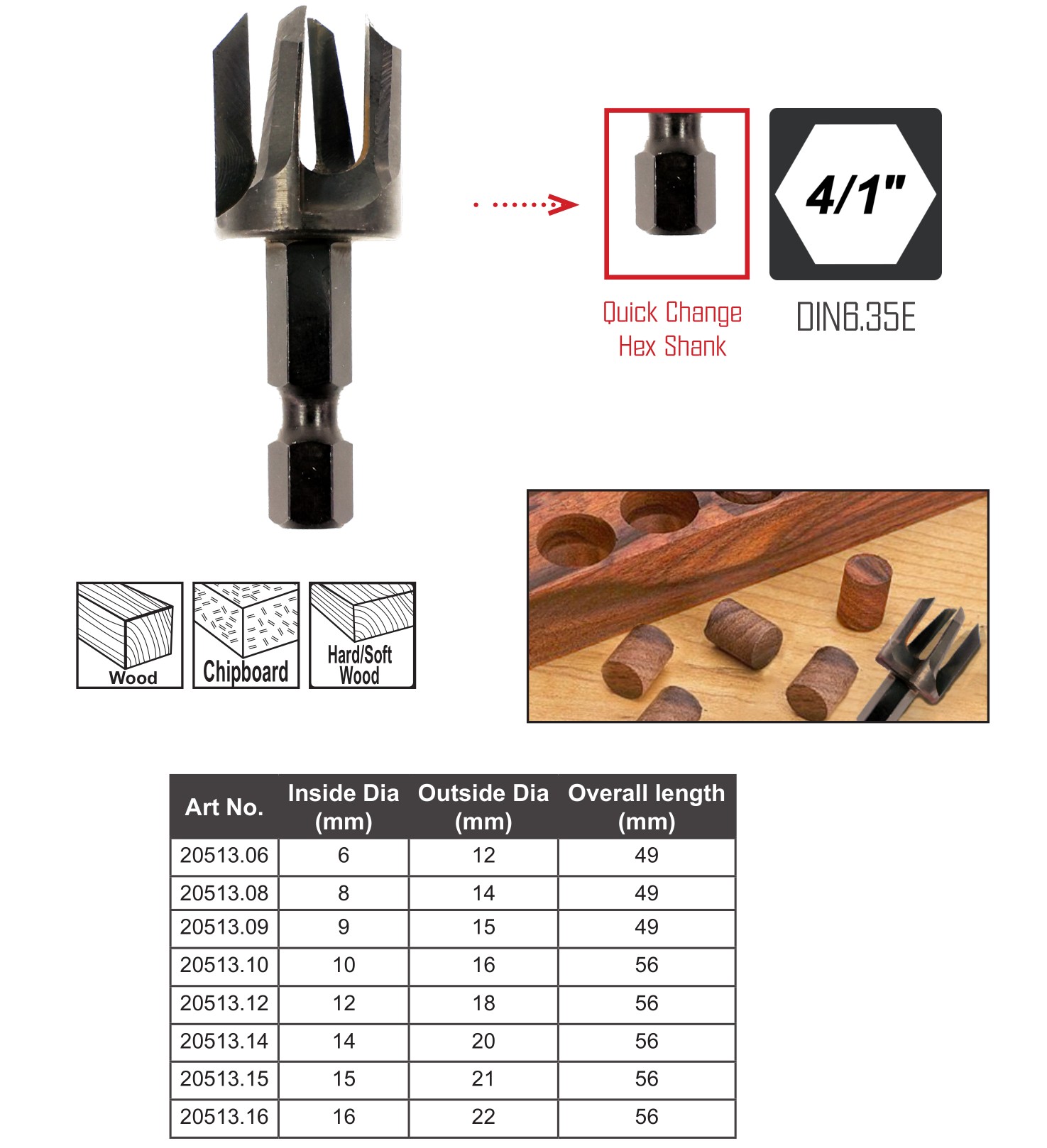 Plug Cutter for Wood Quick Change Hex Shank